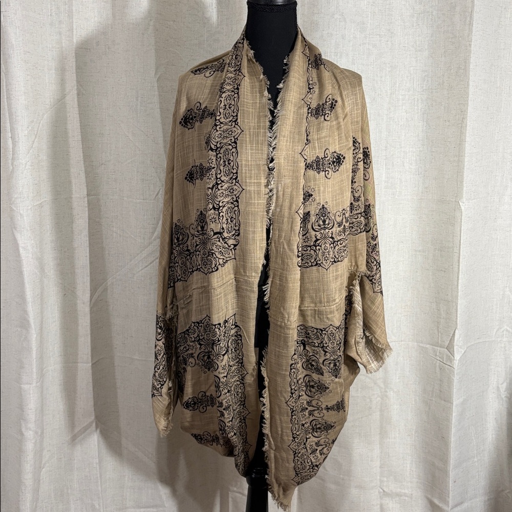 Beige with Black print Lightweight Scarf Kimono